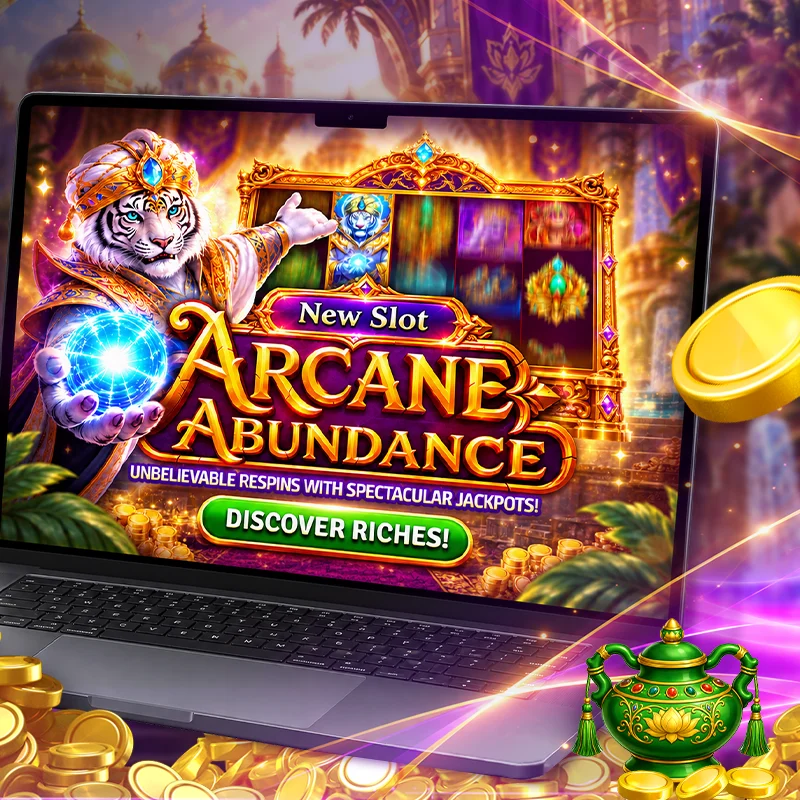 The Arcane Abundance launch popup on a laptop, surrounded by gold coins