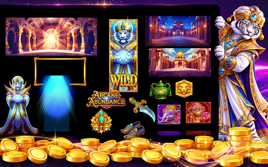 The original game assets organized on a black workspace: backgrounds, character, logo, slot symbols and props