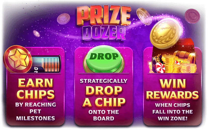 Prize Dozer info popup: earn chips, drop a chip, win rewards