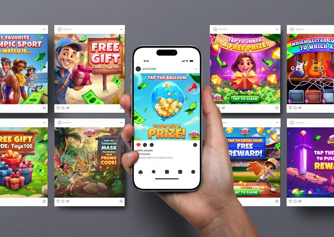 Social ads for a mobile game shown on a phone